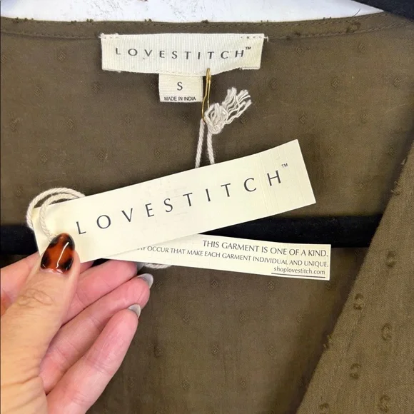 NEW Lovestitch Boho Front Tie V-Neck Long Sleeve Top Womens Size S Olive NWT - Picture 2 of 9